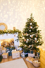 Decorated Christmas tree with wrapped gift boxes and illuminated fireplace, creating a cozy holiday atmosphere for celebration and festive greeting card.