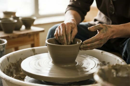 A potter shapes clay on a spinning wheel in a workshop, forming a ceramic bowl with skilled hands.