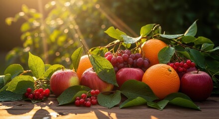 Abundant harvest of vibrant fruits with water droplets in sunlight evokes freshness