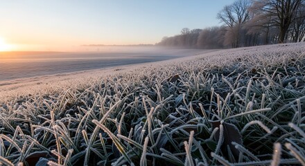 Frozen grass in a field under a sunrise sky at early morning