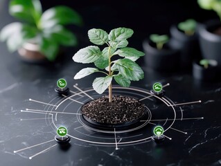 A young plant in soil is surrounded by a digital interface with various icons, suggesting growth and technology.