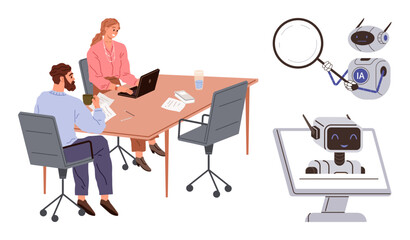 Two people collaborate at a desk with laptops, papers, and discussion, while AI robots inspect data, interact, and provide insights. Ideal for teamwork, innovation, AI technology automation data