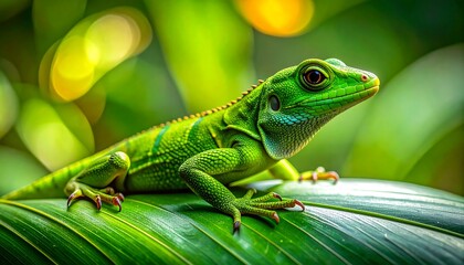Fototapeta premium Vibrant green lizard in a captivating macro close-up, showcasing intricate scales and natural beauty while resting on a tropical leaf within its lush jungle habitat
