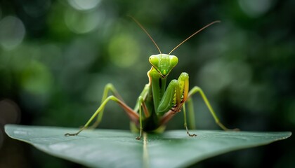 Fototapeta premium Close-up of a vibrant green praying mantis perched calmly on a lush leaf, showcasing its intricate features and intense gaze against a soft, natural background