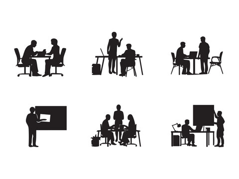 Silhouettes of people in various business meeting and presentation scenarios