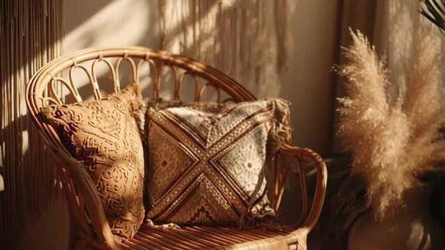 Bohemian Interior Design - Cozy Chair with Pillows and Sunlight.