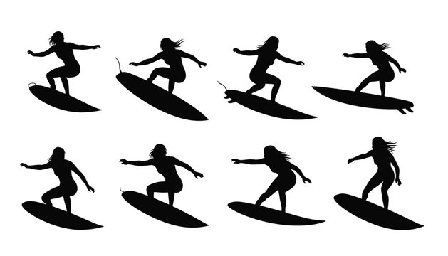 Set of eight female surfer silhouette icons showing different surfing poses and actions
