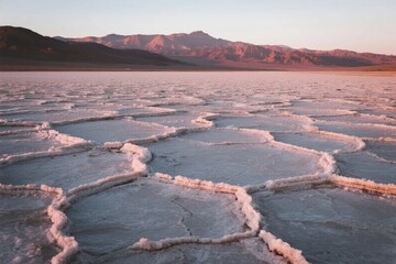 Salt flats with hexagonal patterns at sunset, mountains in the background