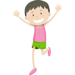Joyful young boy with short dark hair wearing a pink tank top and green shorts with pink shoes running with arms outstretched and a wide smile on a transparent background