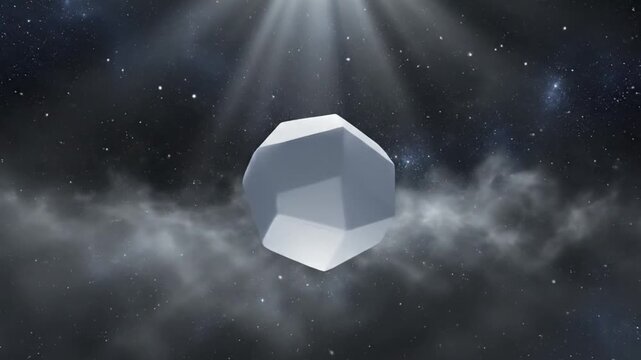 A geometrically shaped object bathed in ethereal light from above, floating amidst swirling clouds and cosmic dust, evoking a sense of mystery and discovery in the vastness of space
