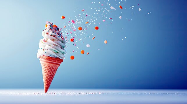 A vanilla soft serve ice cream cone with colorful sprinkles is shown against a blue background, with some sprinkles flying off. - Powered by Adobe