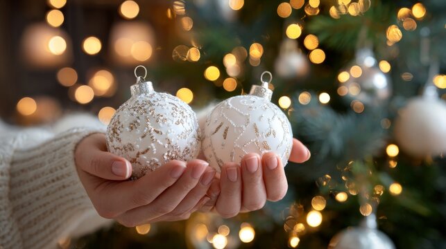 A close-up of hands holding white and gold Christmas ornaments in front of a softly lit holiday tree.