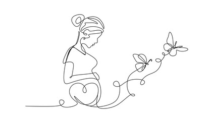 Continuous line drawing of a pregnant woman with butterfly. One line drawing of a pregnant woman. Pregnant belly with heart and butterfly.  © pew
