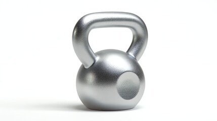 A shiny silver kettlebell isolated on a white background, perfect for fitness enthusiasts.
