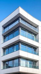 Fototapeta premium Corner building with white panels and glass windows against a clear blue sky