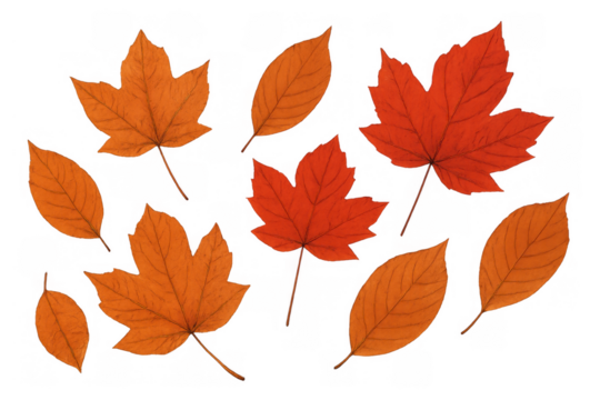 Falling autumn leaves creating a vibrant seasonal background, isolated on a transparent background for design projects