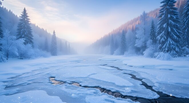 Winter landscape with snow covered forest and frozen river under a blue sky - Powered by Adobe