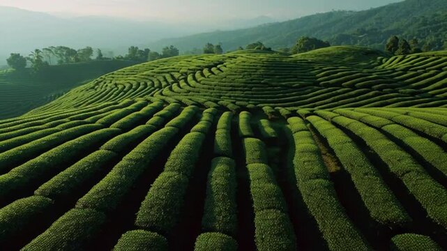 Aerial view of a lush green tea plantation on a rolling hillside under a clear sky.