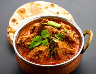 Copper bowl of Indian curry with naan bread served on a dark gray backdrop