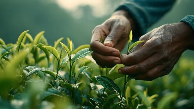 Close-up of experienced hands carefully harvesting vibrant green tea leaves from a lush plantation bush, highlighting traditional agricultural practices.