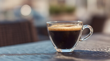A cup of coffee on an outdoor table with a blurred background and copy space for text. Coffee background illustration.