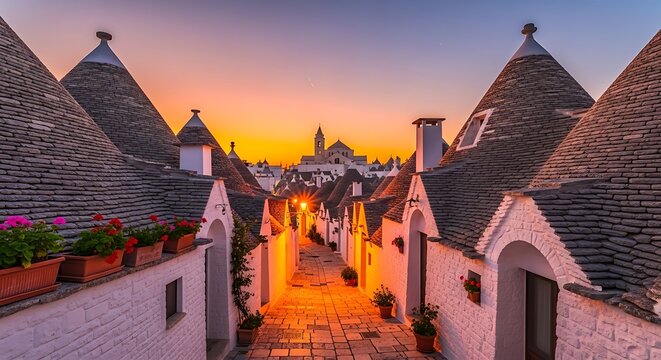 Iconic trulli houses in alberobello italy at sunset with warm golden light illuminating the narrow cobblestone street