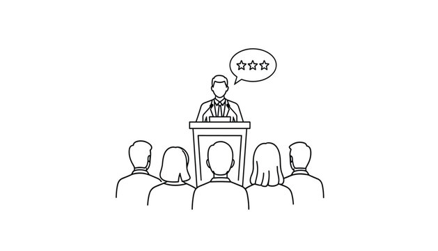 Black and white line drawing illustration of a speaker at a podium giving a presentation or speech to an audience with a threestar rating in a speech bubble
