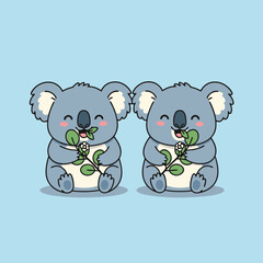 Two cute cartoon koalas happily eating eucalyptus leaves on a light blue background.
