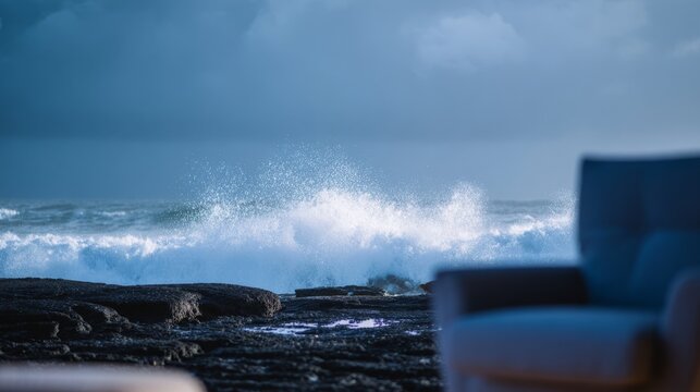 oligarchy. Ocean waves crashing against a dark rocky coastline with a stormy sky. travel magazines, destination branding, designed for outdoor magazines and nature guides.
