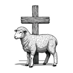 A black and white illustration of a lamb standing beside a rustic wooden cross, symbolizing religious themes.