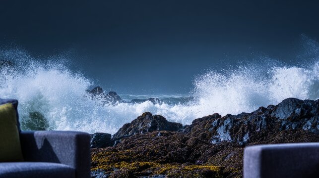 oligarchy. Ocean waves crashing against a dark rocky coastline with a stormy sky. travel magazines, destination branding, designed for outdoor magazines and nature guides.
