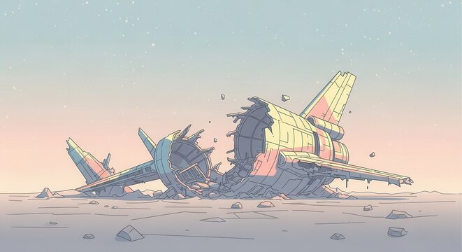 Dilapidated spacecraft wreckage lies broken upon a desolate extraterrestrial landscape