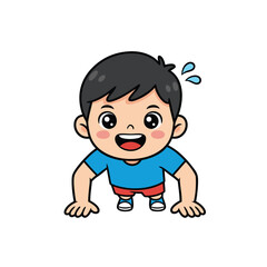 A cute cartoon boy with black hair doing a push-up exercise, smiling and sweating from physical activity.