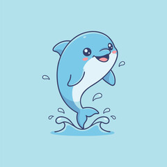 Cute cartoon blue dolphin jumping out of the water with a happy smile on a light blue background.