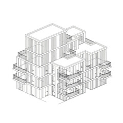 Architectural Wireframe Drawing of a Modern Residential Building.