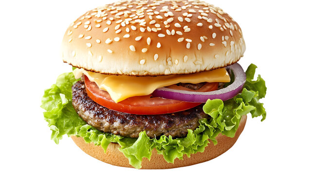 A delicious classic beef cheeseburger with fresh lettuce, ripe tomato, red onion, and melted cheese on a sesame seed bun, isolated on transparent background