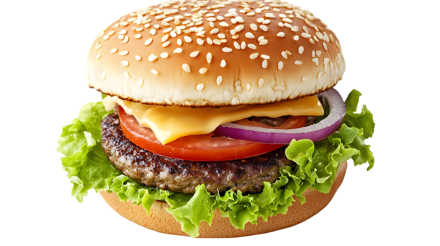 A delicious classic beef cheeseburger with fresh lettuce, ripe tomato, red onion, and melted cheese on a sesame seed bun, isolated on transparent background