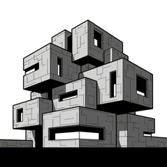 Monochromatic illustration of a brutalist modular cube building.