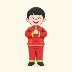 Cute cartoon boy in traditional red Chinese outfit performing a greeting gesture.