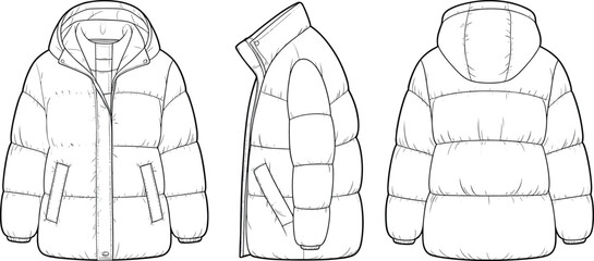 Winter puffer jacket technical flat sketch, detailed CAD outerwear drawing, insulated hooded coat design illustration for fashion apparel templates