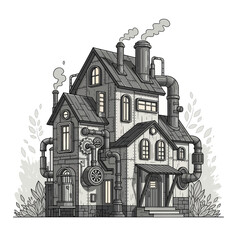 Steampunk house illustration with pipes and chimneys, detailed architectural design.