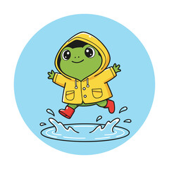 Cute cartoon frog wearing a yellow raincoat and red boots, happily jumping in a water puddle with a splash, on a light blue background.