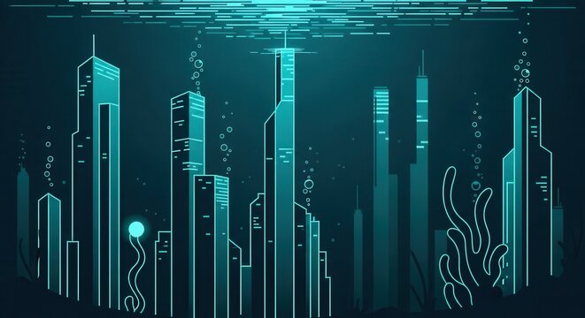 Stylized depiction of a futuristic metropolitan area submerged beneath the ocean surface