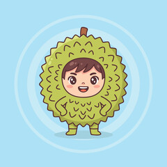 Cute cartoon child character wearing a durian fruit costume with a happy expression on a light blue background.
