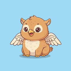 A cute cartoon baby owl-like creature with small wings on a blue background.