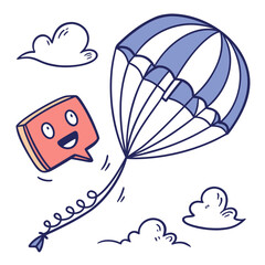 Cartoon speech bubble character parachuting with blue and white canopy