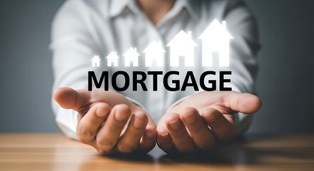 Mortgage concept with hands holding house icons representing growth and investment