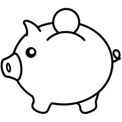 Simple black and white line art drawing of a piggy bank with coin