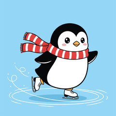 A cute cartoon penguin wearing a red and white striped scarf, happily ice skating on a light blue background, leaving skate marks.