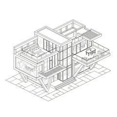 Architectural blueprint of a modern house with a balcony and glass walls.